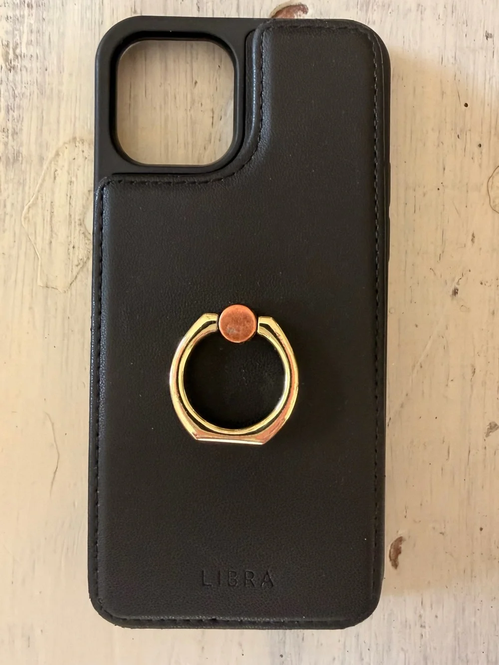 LIBRA Black Faux Leather IPhone 14 Phone Case with Wallet & Gold Ring Holder